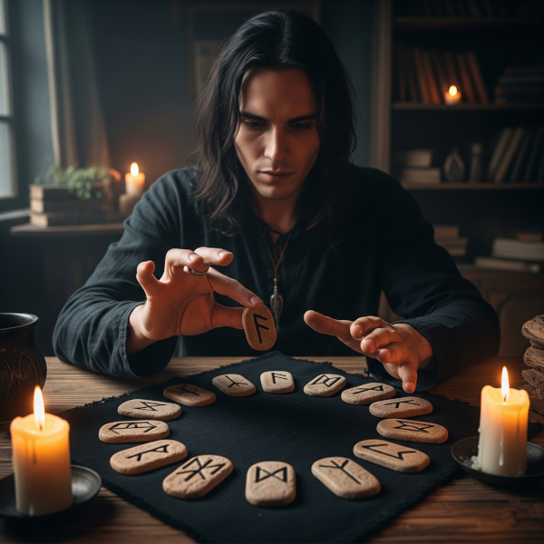 Mand der har kastet runer og tyder den enkelte rune i en spå seance.