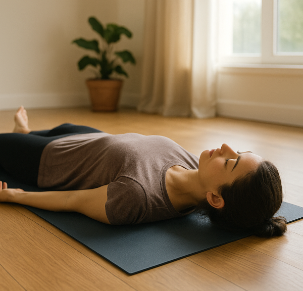 Kvinde ligger på gulvet og dyrker yoga nidra